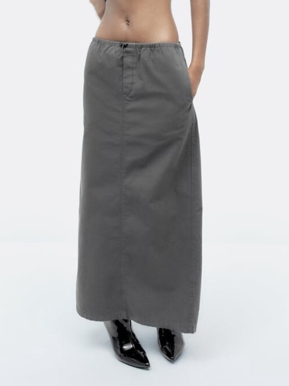 Zara Grey Cotton Ripstop Drawstring Maxi Cargo Skirt XS NWOT Utility Minimalist